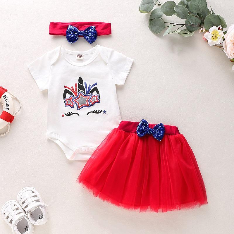 Baby Girl Unicorn Pattern Romper & Mesh Tutu Skirt & Bowknot Headband - PrettyKid