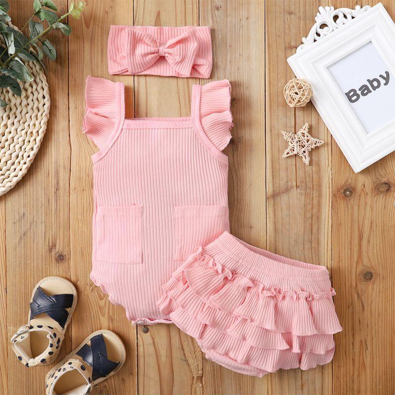 New Born Girl Ribbed Ruffle Sleeve Bodysuit & Bowknot Headband & Ruffle Super Short - PrettyKid