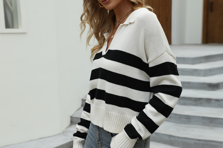 Women Stripes V-neckline Sweater - PrettyKid