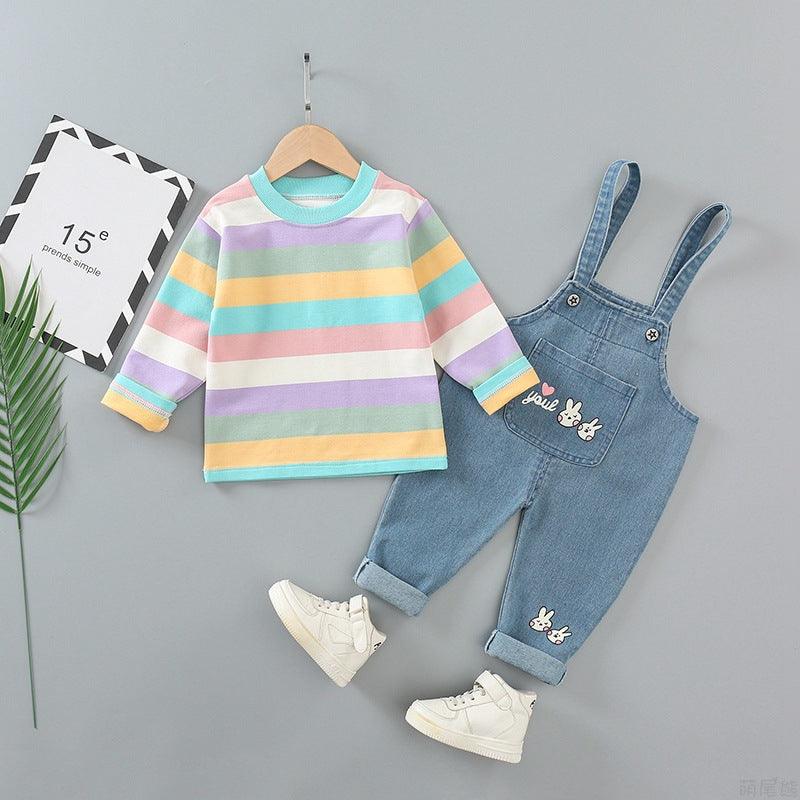 9months-5years Toddler Girl Sets Children's Suits Striped Long Sleeve T-Shirt & Denim Overalls Two-Piece Set - PrettyKid