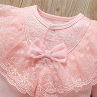 2-Piece Long-Sleeve Bow Decor Lace Jumpsuit and Hat Wholesale children's clothing - PrettyKid