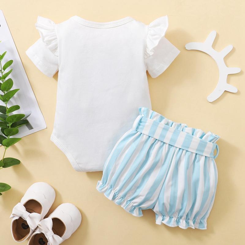 Baby Girl Cartoon Cloud Pattern Letter Print Bodysuit & Striped Shorts - PrettyKid