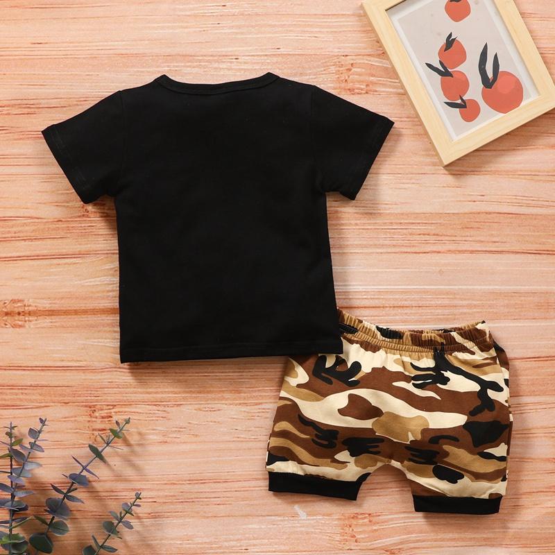 Toddler Boy Letter Print T-shirt & Camouflage Print Shorts - PrettyKid