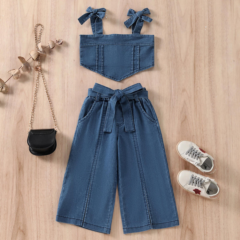 Crop Denim Camisole And Strappy Wide Leg Jeans Wholesale Toddler Girl Sets - PrettyKid