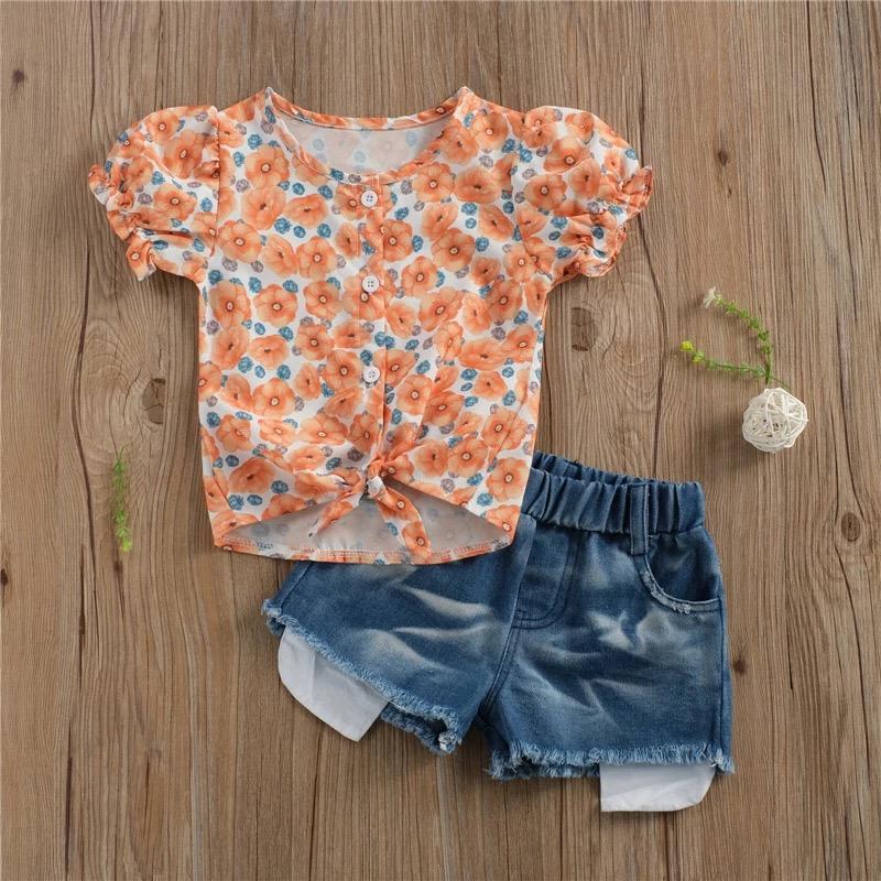 Toddler Girl Floral Pattern Summer Suit Small Chrysanthemum Short Sleeve & Denim Shorts Children's Clothing - PrettyKid