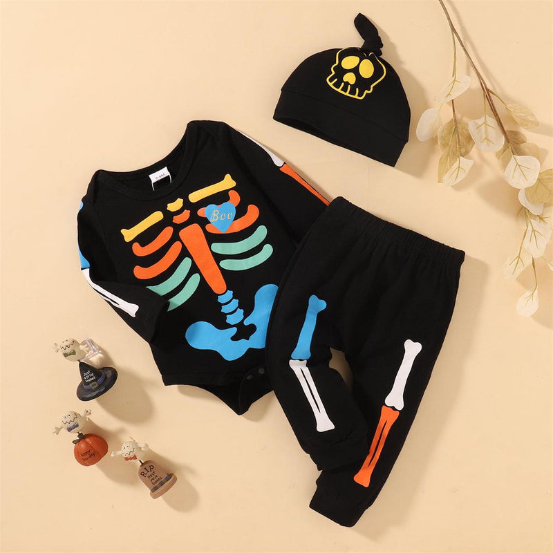 Baby Boys Cartoon Skeleton Printed Long Sleeve Jumpsuit Pants Hat Three Piece Set - PrettyKid