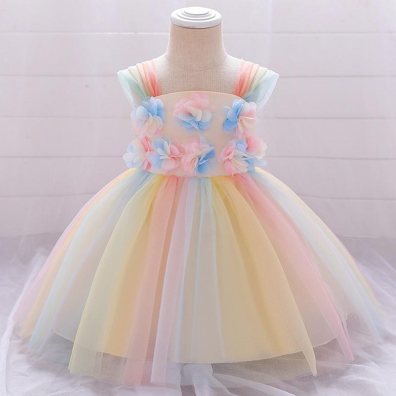 Toddler Girl 3D Flower Decor Color-block Sleeveless Mesh Formal Dress - PrettyKid