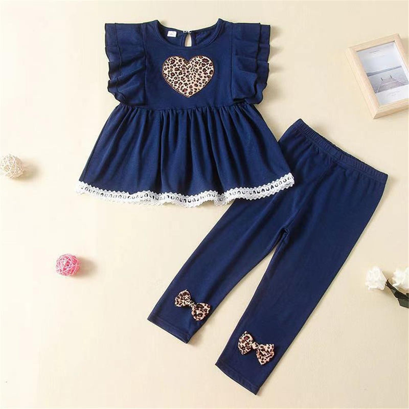 Girls Leopard Heart Ruffled Short Sleeve Top & Pants Kids Wholesale clothes - PrettyKid