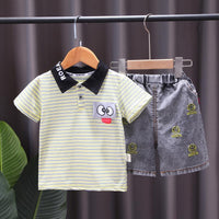 Toddler Boy Cartoon Pattern Striped POLO Shirt & Smiley Face Print Shorts - PrettyKid