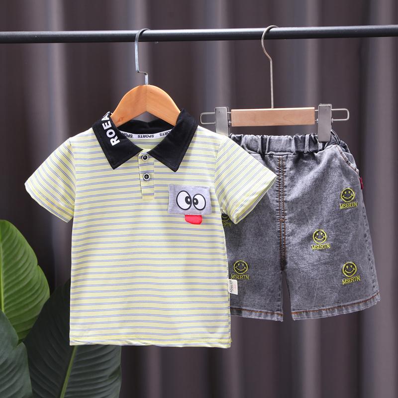 Toddler Boy Cartoon Pattern Striped POLO Shirt & Smiley Face Print Shorts - PrettyKid