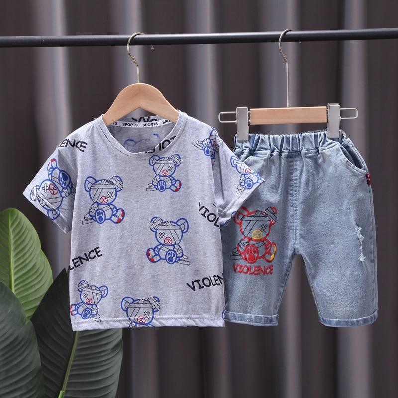 Toddler Boy Cartoon Bear Print Letter Graphic T-shirt & Shorts - PrettyKid