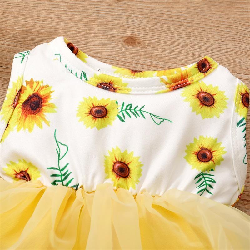 Baby Girl Sunflower Print Sleeveless Mesh Hem Bodysuit & Headwear - PrettyKid