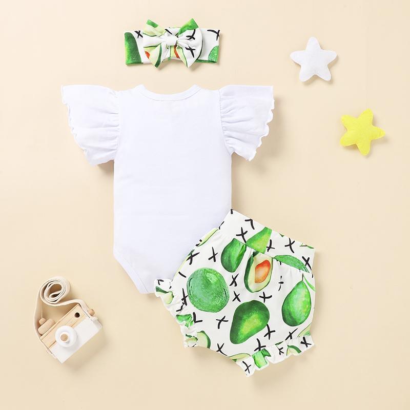 Baby Girl Fruit Pattern Romper & Super Shorts & Bowknot Headband - PrettyKid