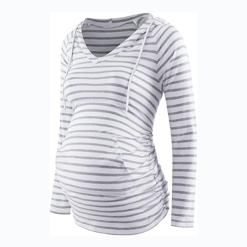 Women Pregnant Mom Striped Long-sleeve Hooded T-shirt - PrettyKid