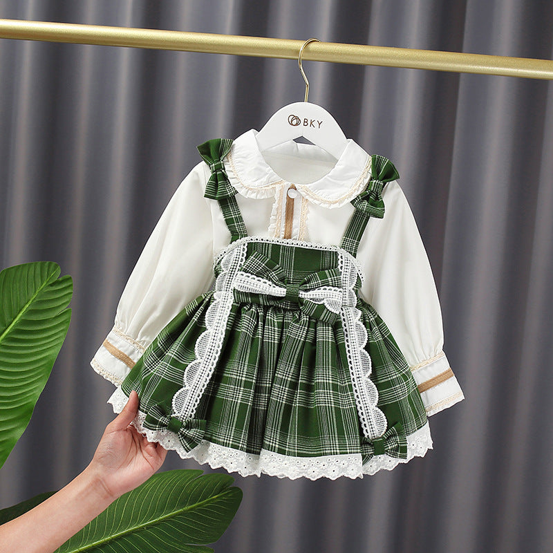 9months-5years Toddler Girl Sets Shirt & Suspenders Bow Plaid Skirt Fashion Girl Wholesale - PrettyKid