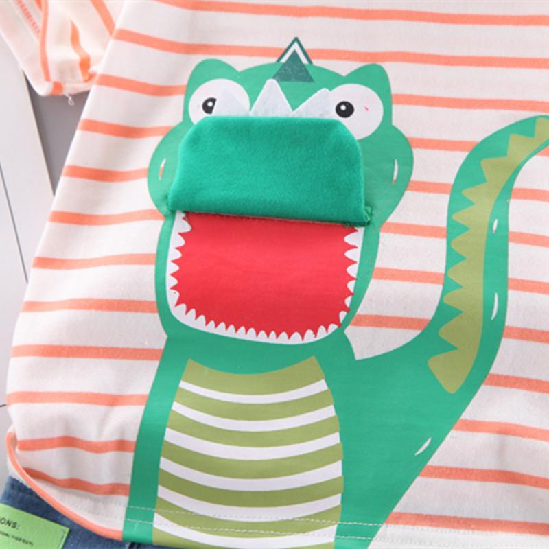 Toddler Boy Dinosaur Pattern Color Stripes Top & Denim Shorts - PrettyKid