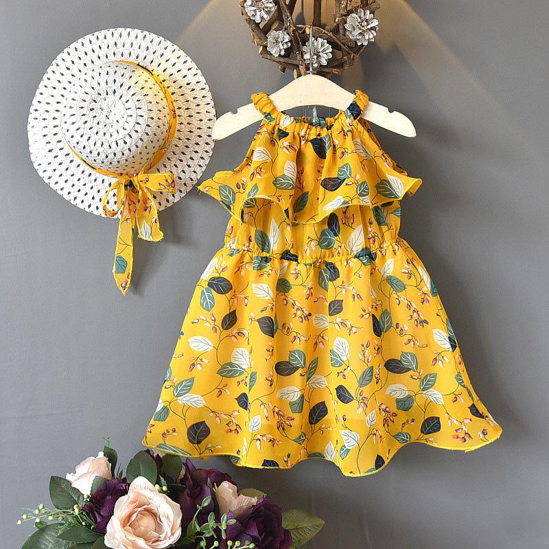 2-piece Floral Printed Dress & Sun Hat for Toddler Girl Wholesale children's clothing - PrettyKid