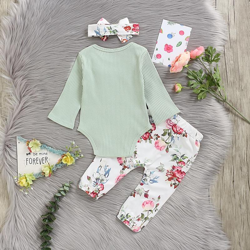 3-piece Solid Bodysuit & Floral Printed Pants & Headband for Baby Girl - PrettyKid