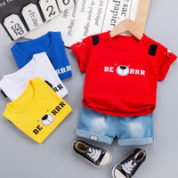 Toddler Boy Letter Print Cartoon Bear Pattern T-Shirt & Shorts - PrettyKid