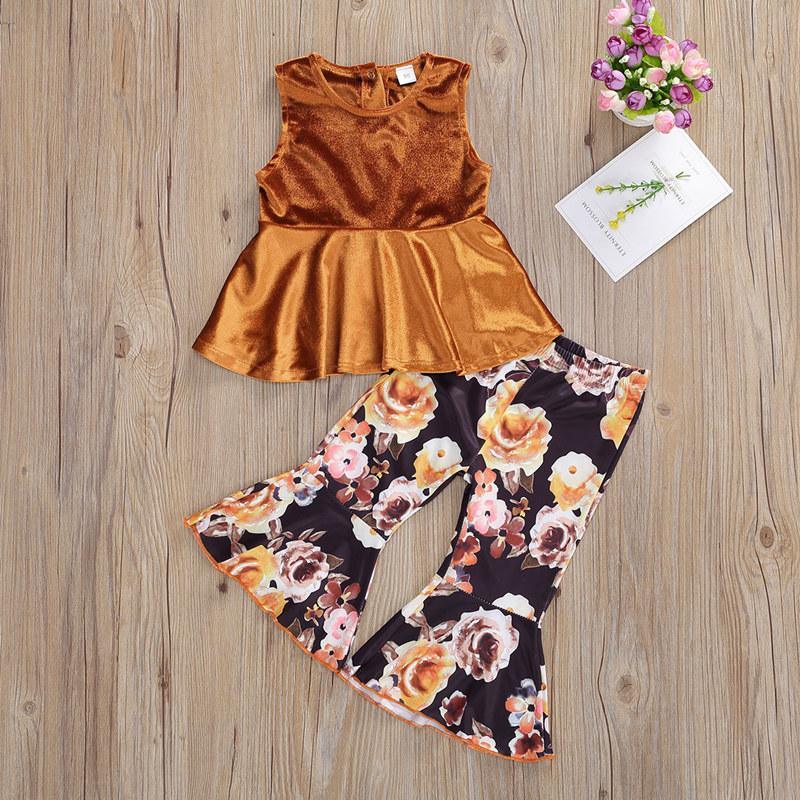 Sleeveless Velvet Top and Floral Pants Set - PrettyKid