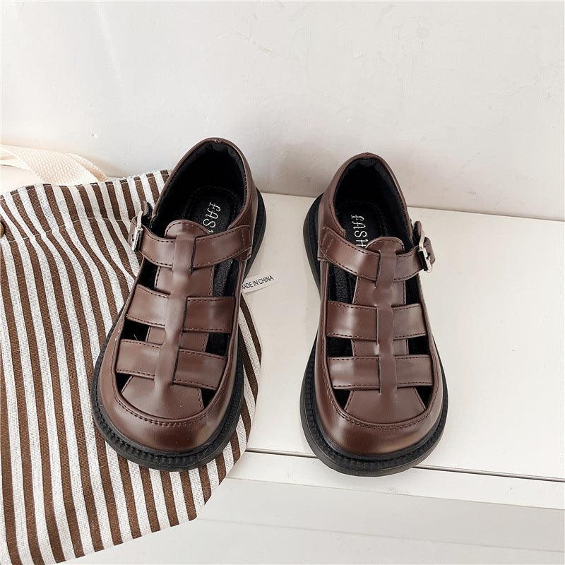 British Style Cutout Buckled Slip-Resistant Leather Girls Shoes Sandals Wholesale - PrettyKid