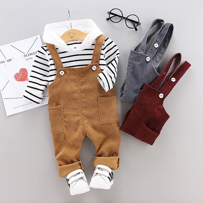 2-piece Striped Hoodie & Solid Dungarees for Children Boy - PrettyKid