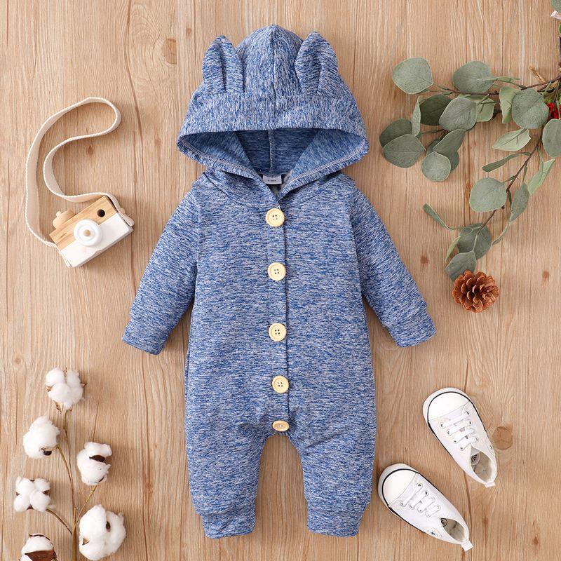 Baby Girl Casual Solid Rabbit-ear Long Sleeve Hooded Jumpsuit - PrettyKid