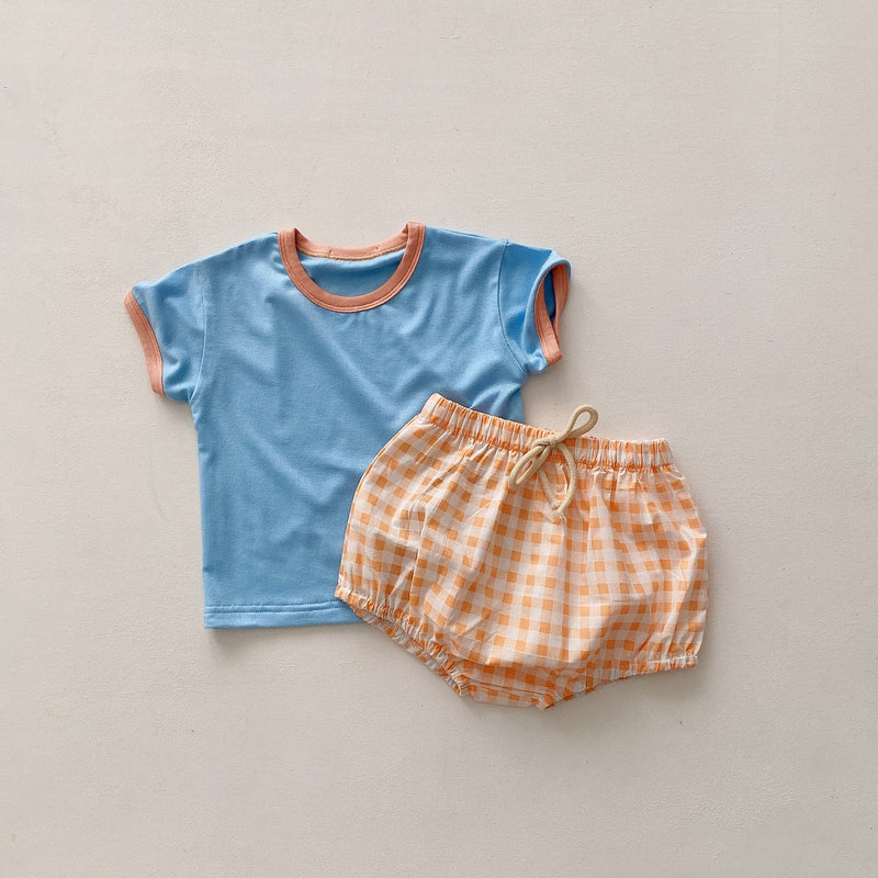 6-24M Baby Girls Sets Contrast Top & Plaid Shorts Wholesale Baby Clothes - PrettyKid