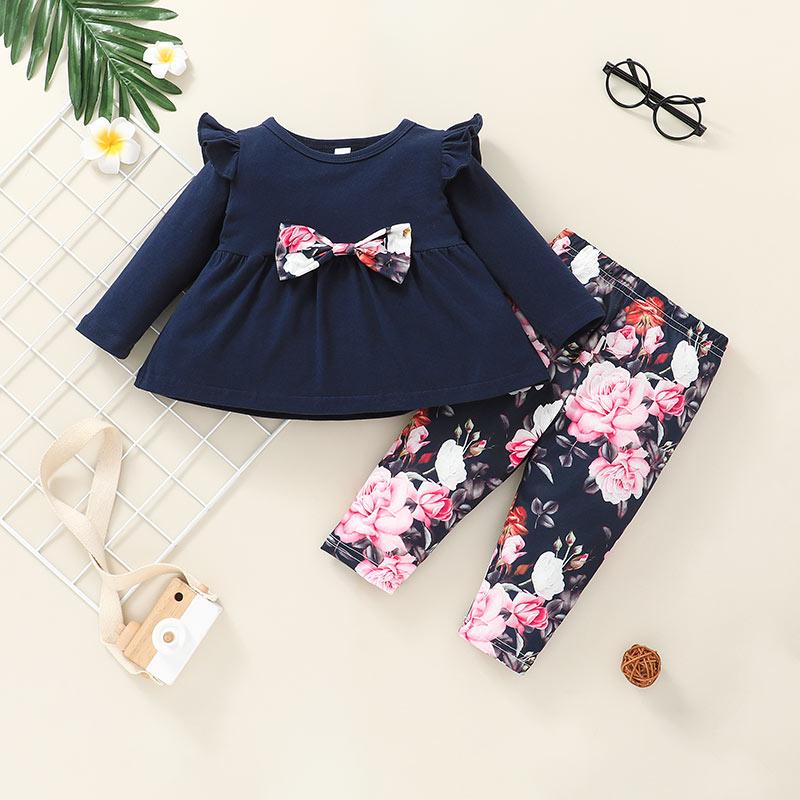 newborn boutique clothing wholesale Baby Girl Long Sleeve Bow Decor T-shirt & Pants - PrettyKid