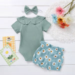 3-24M Baby Girls Sets Ruffle Trim Ribbed Bodysuit & Daisy Shorts & Headband Bulk Baby Clothes Wholesale - PrettyKid