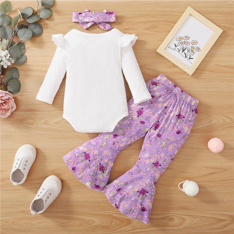kids clothing suppliers Baby Girl Letter Print Ribbed Bodysuit & Floral Print Flare Pants & Headband Wholesale Children's Clothing - PrettyKid