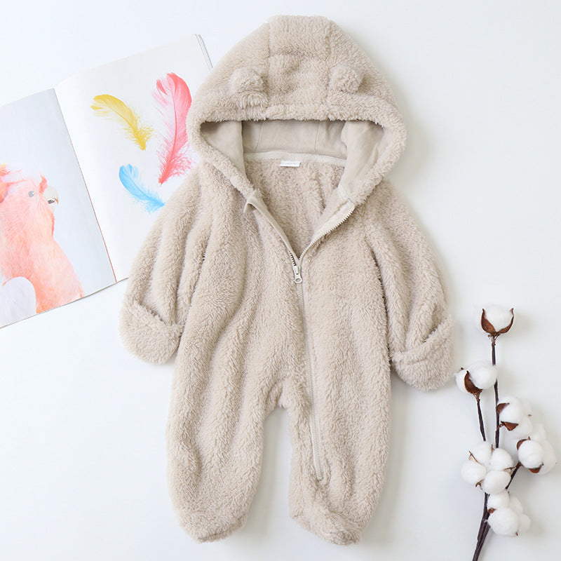 0-12M Baby Solid Color Zipped Fleece Hooded Jumpsuit Wholesale Baby Onesies - PrettyKid