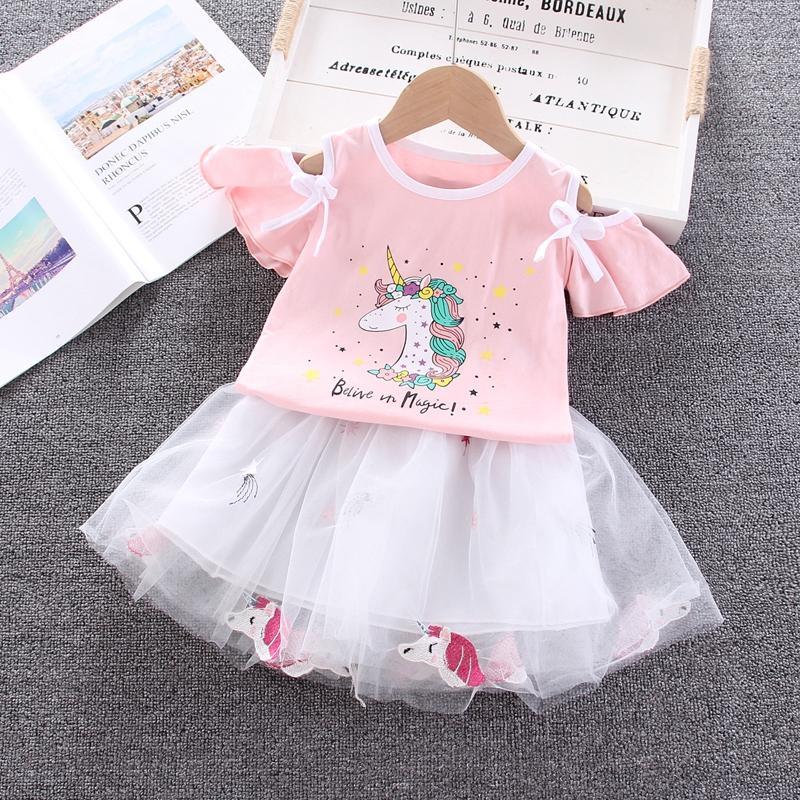 Toddler Girl Unicorn Pattern Top & Mesh Skirt - PrettyKid