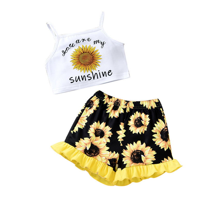 18M-6Y Toddler Girls Sets You Are My Sunshine Sunflower Print Cami Top & Shorts Wholesale Girls Clothes