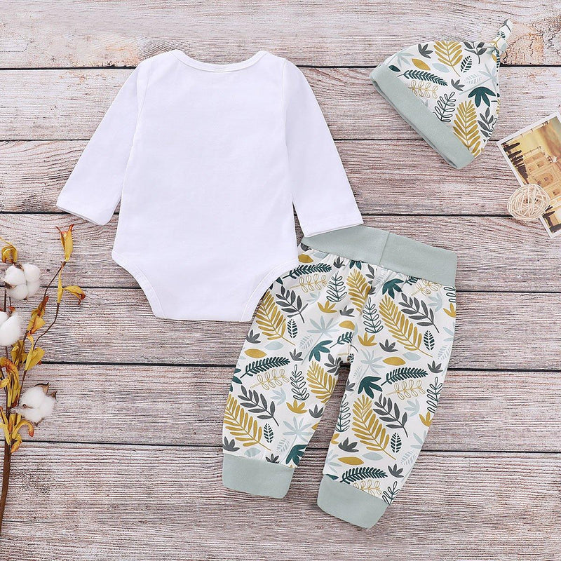 3-Piece Long-Sleeve Letter Print Bodysuit, Floral Pants and Hat Wholesale children's clothing - PrettyKid