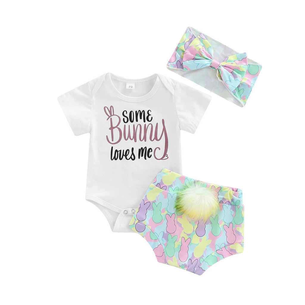 6-24M Baby Girls Birthday Sets Some Bunny Loves Me Print Bodysuit & Ball Shorts Wholesale Baby Clothes - PrettyKid