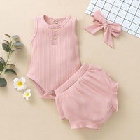 Baby Girl 3pcs Solid Pattern Suit Bodysuit & Short & Headhand - PrettyKid