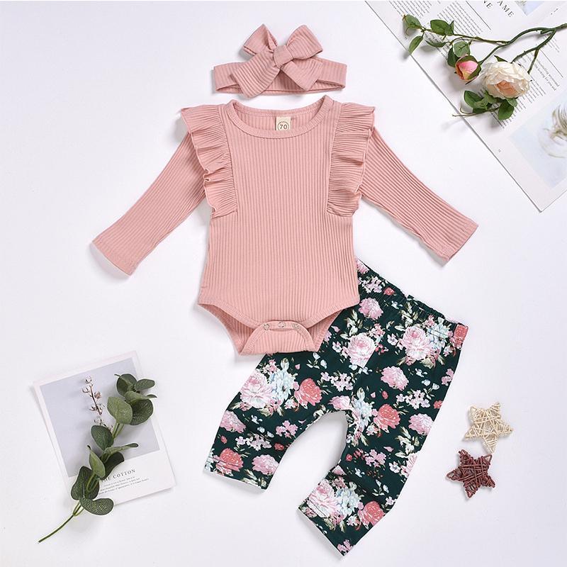 3-piece Solid Ruffle Bodysuit & Floral Printed Pants & Headband for Baby Girl Wholesale children's clothing - PrettyKid