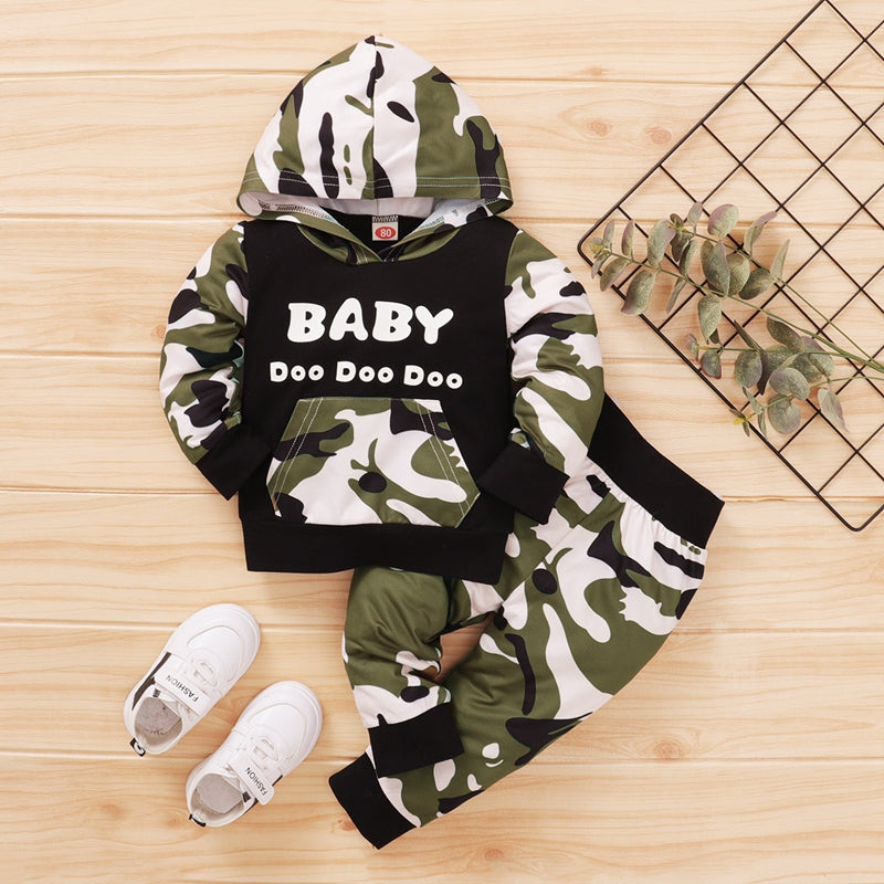 Baby Boy Camouflage Print Color-block Hoodie & Pants - PrettyKid