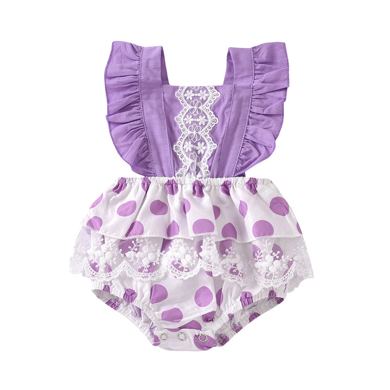 Baby Girl Polka Dot Lace Trim Stitching Bodysuit Wholesale Baby Onesies - PrettyKid