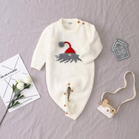 Christmas Hat Embroidery Knit Piece Long Sleeve jumpsuit for Baby - PrettyKid