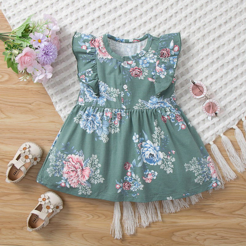 6months-3years Baby Girl Casual Dresses Sleeveless Printed Round Neck Fungus Trim Wholesale Baby Clothes In Bulk - PrettyKid