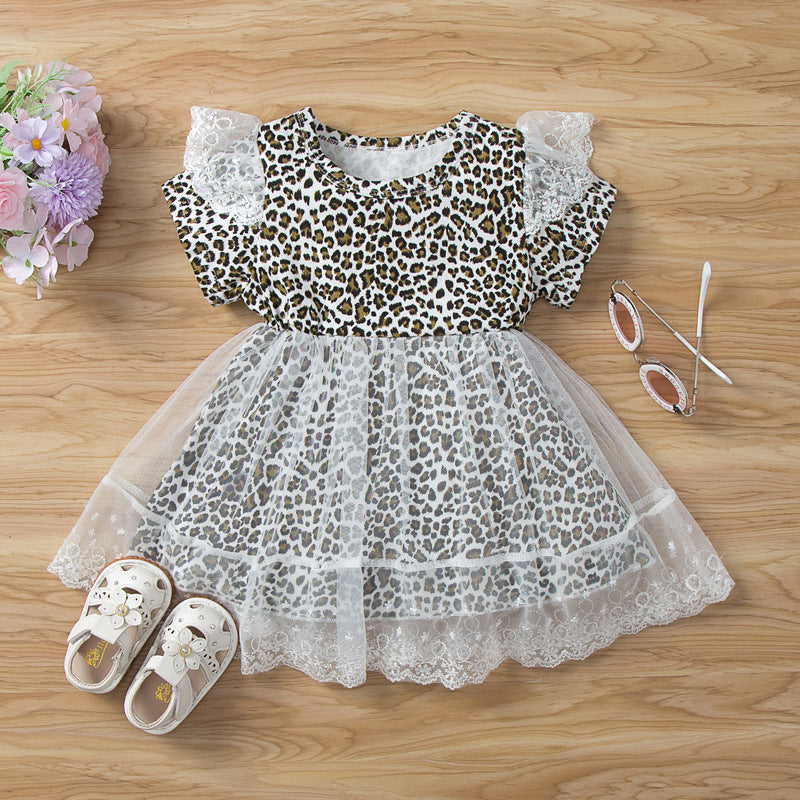 6months-3years Baby Girl Casual Dresses Cute Leopard Print Lace Stitching Short Sleeves Wholesale Baby Clothes In Bulk - PrettyKid