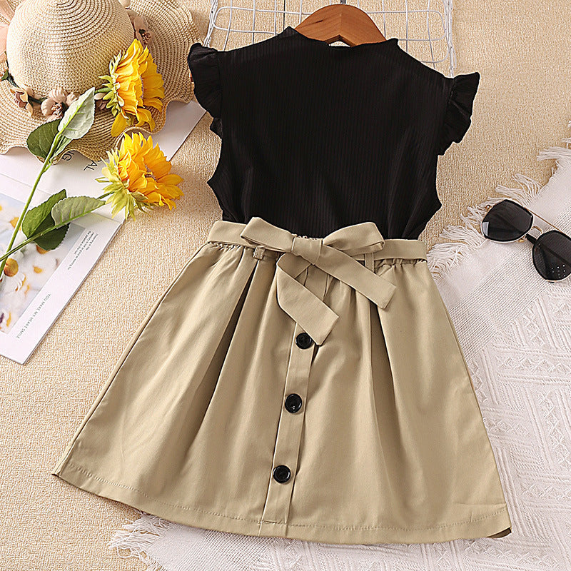 4-12Y 2 Piece Sets For Girls Casual Fly Sleeve Top Belt Skirt Wholesale Kids Boutique Clothing KS127618 - PrettyKid
