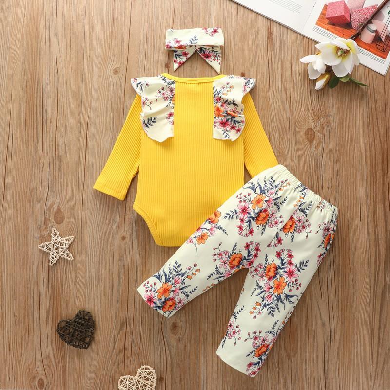 3-piece Floral Printed Bodysuit & Pants & Headband for Baby Girl Wholesale children's clothing - PrettyKid