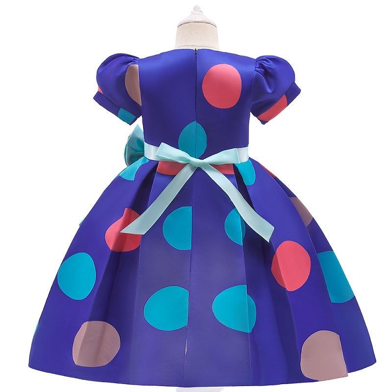 Girl Bow Decor Belt Puff Sleeve Dot Print Formal Dress - PrettyKid