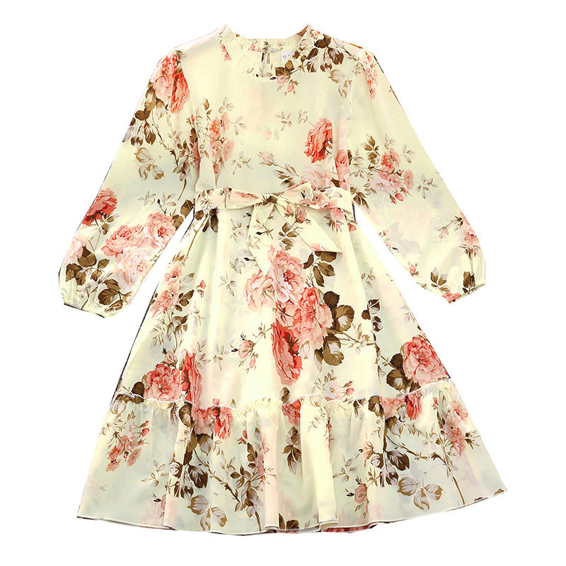 7-12Y Kids Girls Floral Print Belted Long Sleeve Princess Dress Wholesale Girls Fashion Clothes - PrettyKid