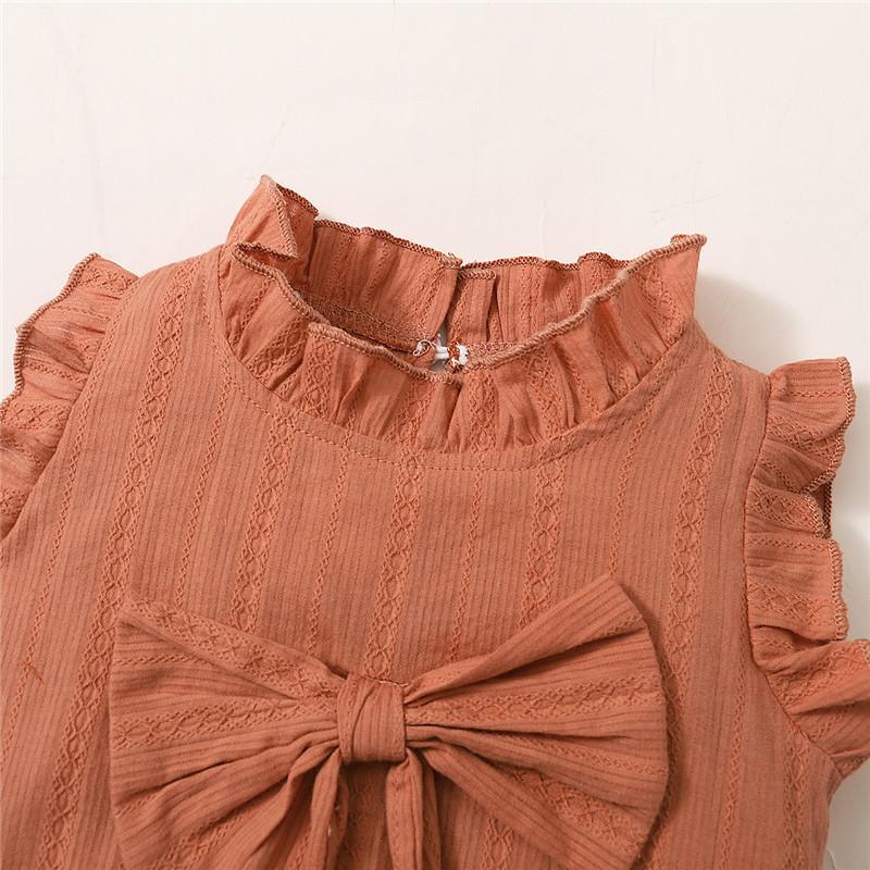 Baby Girl Solid Color Bow Decor Sleeveless Bodysuit & Ruffle Trim Shorts - PrettyKid