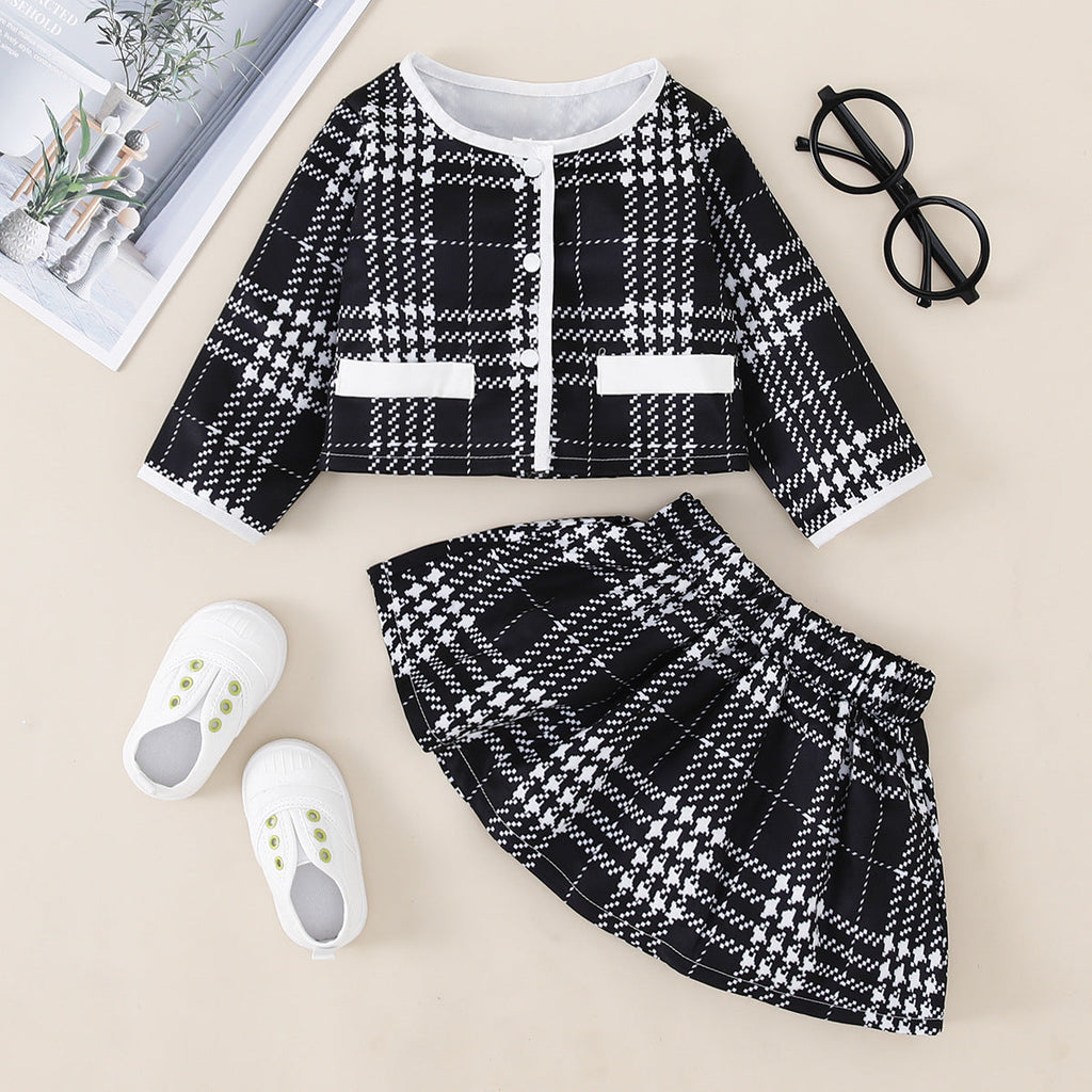 Baby Girl Plaid Coat And Skirt Two Piece Baby Sets - PrettyKid