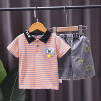 Toddler Boy Cartoon Pattern Striped POLO Shirt & Smiley Face Print Shorts - PrettyKid